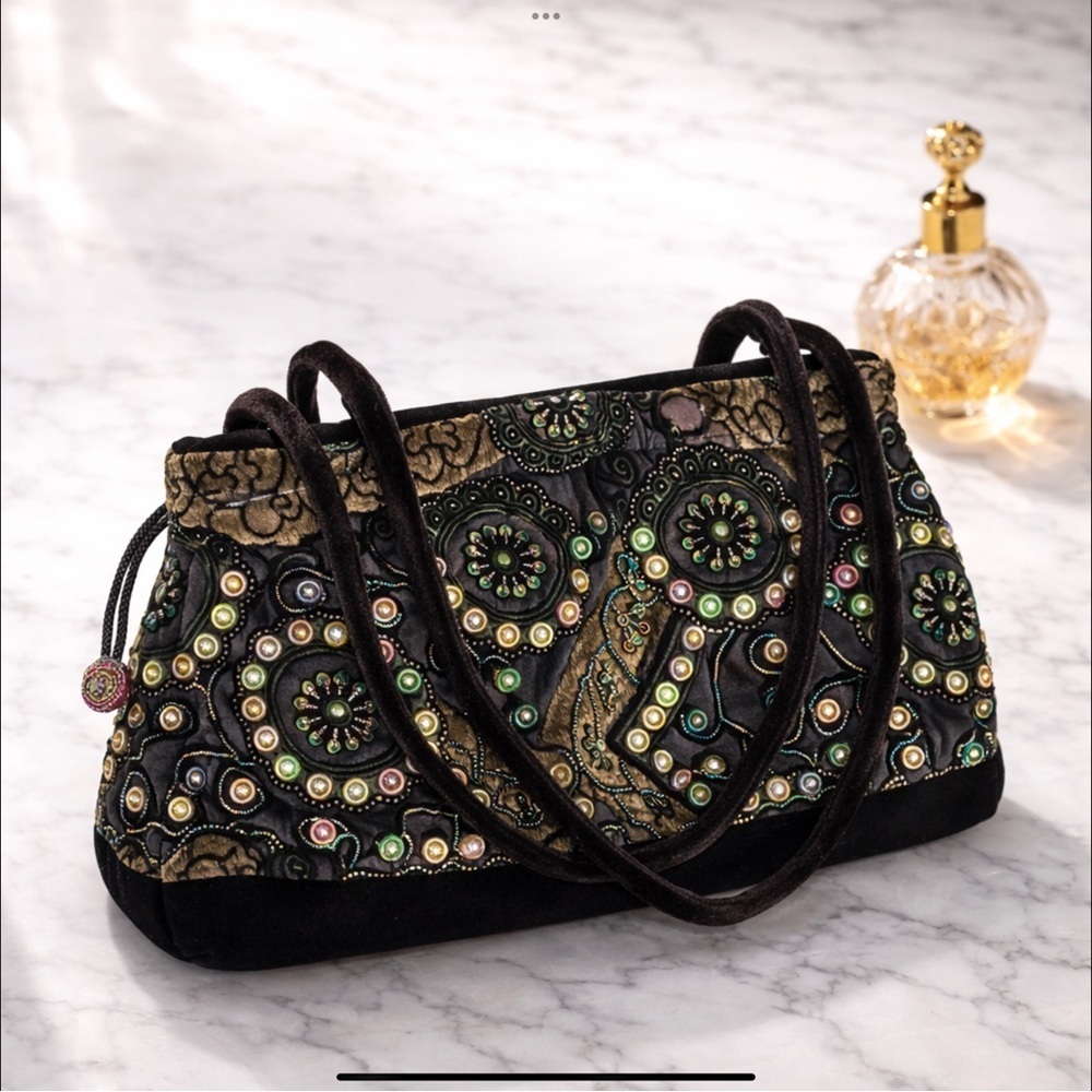 Rare Boho Vintage Beaded Velvet Evening Bag Embroidered Floral Jewel Purse